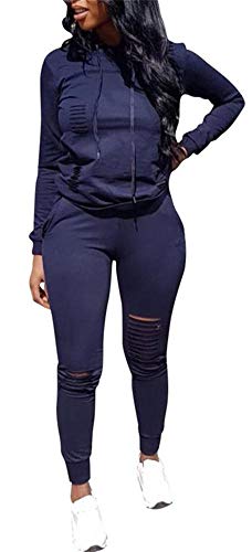 Womens 2 Pieces Outfits Long Sleeve Ripped Hooded Sweatshirt Tops Bodycon Long Pants Tracksuit Set Plus Size