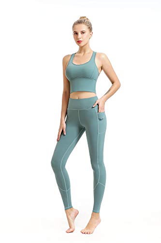 EUSIX High Waist Yoga Pants with Pockets for Women Tummy Control,Workout 4-Way Stretch Non See-Through Yoga Leggings Mint Green M