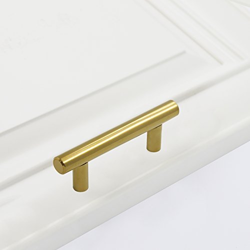 Goldentimehardware Brushed Brass Gold Color Hole Distance 64mm(2-1/2) T-bar Kitchen Cabinet Handle Dresser Drawer Cupboard Pull Knob 5Pack - Thumbnail 5