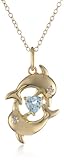 Yellow Gold Plated Sterling Silver Blue Topaz and Diamond Accent Dolphins and Heart Pendant Necklace