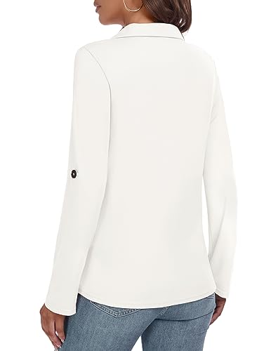 GAMISS LONG SLEEVE SHIRTS FOR WOMEN COLLARED BUSINESS TOPS OFFICE POLO V NECK SHIRT BEIGE, M