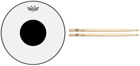 Remo Controlled Sound Clear Drum Head with Black Dot - 14 Inch with Vater 5B Wood Tip Hickory Drum Sticks, Pair
