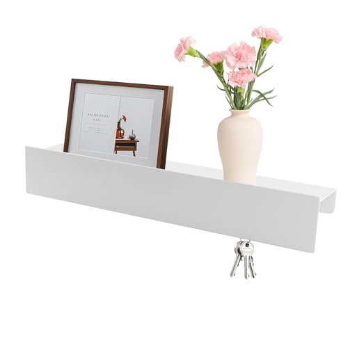 Mocrop Key Rack with Shelf, Minimalist Style, Wall Mounted Coat Rack, Modern White Hidden Hooks, Metal Coat Rack, for Hallway Bedroom Kitchen Furniture 8 Hooks