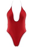 Women Deep V Neck One Piece Thong Swimsuit High Cut Backless Swimwear Monokini Red Small