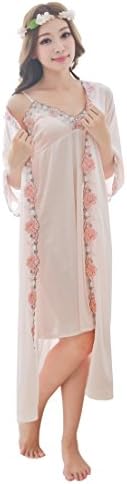 Camellia12 Silk Vintage Slip &amp; Robe Set,Floral Lace Trim 2PC Sleepwear Bisque