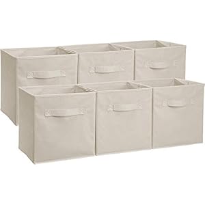 Amazon Basics Collapsible Fabric Storage Cubes Organizer with Handles, 10.5″x10.5″x11″, Beige – Pack of 6