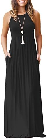 AAMILIFE Women's Sleeveless Racerback Casual Loose Plain Long Maxi Dresses with Pockets