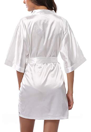 FADSHOW Women's Solid Color Kimono Robes Bathrobes Short Wedding Robes for Bridal Party,White,Large