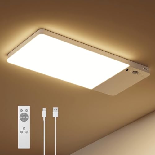 Lampara de Techo Recargable 12000mAh, Luz LED Inalámbrica Magnética con Sensor de Movimiento y Control Remoto, 3 Colores Regulable, Sin Cables para Recámara, Cocina, Baño y Clóset