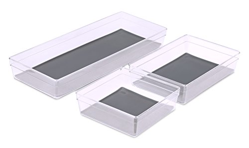 Internet's Best Kitchen Drawer Organizer Tray | Set of 3 | Acrylic Plastic Storage Containers with Silicone Lining Bottoms & Nonskid Feet | Kitchen Office Bathroom & Junk Drawers | Wide | Large
