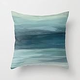 FJTP Seafoam Green Mint Navy Blue Abstract Ocean Art Painting Flax Cotton Hidden Zipper Throw Pillow Covers 16x16 in (Two Sides)