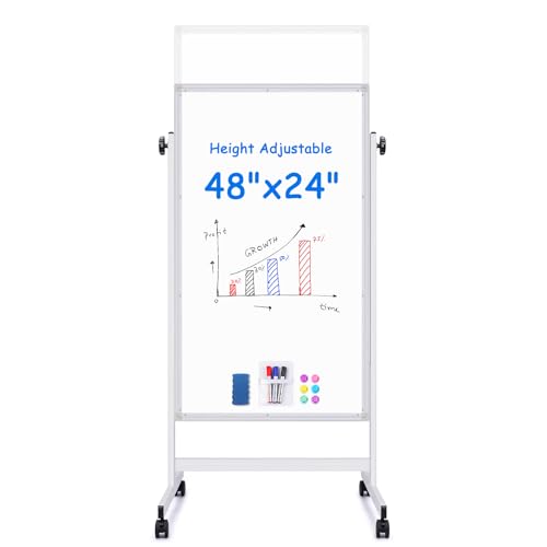 Maxtek Rolling Whiteboards, 48x24 Inches Magnetic Dry Erase White Board on Wheels, Double Side White Board Height Adjustable Standing Easel, Aluminum Frame for Home, School, Office