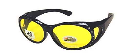 Men and Women Polarized Night Driving Fit Over Lens Cover Rhinestone Sunglasses - Black/Yellow with rhinestone