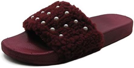 Trendy Cute Color Women's Furry Fur Slide (M / 7-8, Maroon w/ Artificial Pearl)