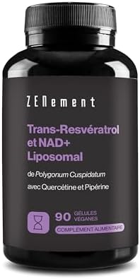 Trans-Resvératrol & NAD+ Liposomal, avec Quercétine et Pipérine, 580 mg par Gélule, 90 Gélules - Anti-Âge et Activateur des Sirtuines - Zenement