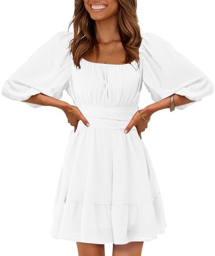EXLURA Women's Casual Lantern Sleeve Tie Back Dress Ruffle Square Neck A- Line Fairy Fall Dresses White price in UAE | Amazon UAE | kanbkam