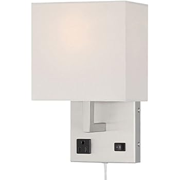 HomeFocus Bedside Wall Lamp Light with Outlet,Living Room Wall Lamp Light,Wall Sconces, Metal Satin Nickel, White Fabric Shade,Top Quality for Home and Hotel.