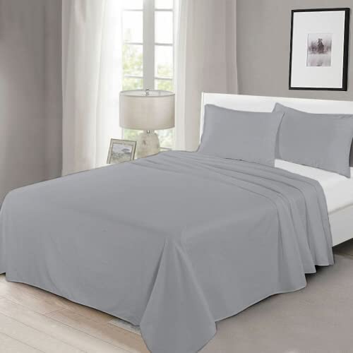 100% Egyptian Cotton Flat Sheet Super Soft Breathable Hypoallergenic Easy Care 200 Thread Count Bed Flat Sheet Hotel Quality Bedding Set (Silver, King)