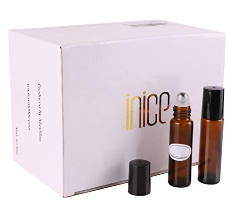 24, 10ml Amber THICK Glass Roller Bottles Big Steel Roll Ball for Aromatherapy Essential Oils (24 Labels, 3 Droppers, 1 Funnel, 1 Extra Roller Balls, 1 Bottle Opener)