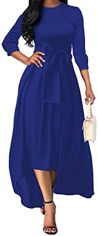 Women 3/4 Sleeve Crew Neck Asymmetrical Hem Belted High Low Homecoming Party Maxi Dress