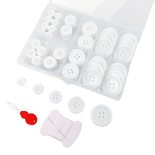Wennuo 100Pcs White Sewing Buttons,4-Hole Craft Buttons, 5 Sizes ,with Compartment Storage Box, Suitable for Sewing,Suit Coat Shirt Buttons，DIY Decoration