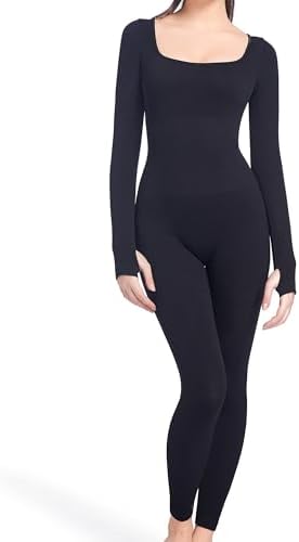 Soo slick Women Jumpsuit Square Neck Long Sleeve Ribbed Shapewear