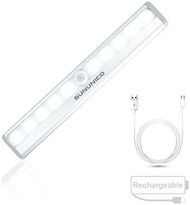 SUNUNICO Rechargeable Stick-on Anywhere 10 LED Wireless Motion Sensing LED Closet Light Bar with Magnetic Strip for Cabinet Stair Hallway Washroom Garage(White) 1PC