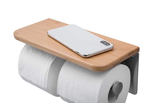 JackCubeDesign Dual Toilet Paper Holder Stainless Steel Wall Mount Bathroom Double Tissue Rack with Bamboo Shelf Tray for Bath - MK428B