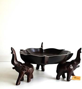 Bowl Wooden Three Elephant Carved.(No.100015)(Free Gift Mulberry Paper Key chain Handmade)