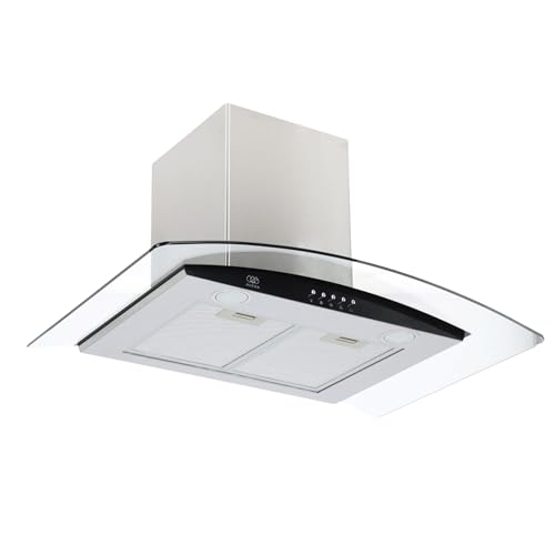 AVERA Campana de cocina 76 cm de pared, 3 velocidades, Luz LED, Filtro de carbón activado, Filtro de malla metálica lavable, Acero inoxidable y vidrio templado, Diseño curvo | CEV60C