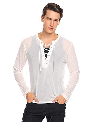 Coofandy Mens Sexy Lace up See Through Long Sleeve T Shirt Mesh Undershirts  White Small in Kuwait | Whizz Men