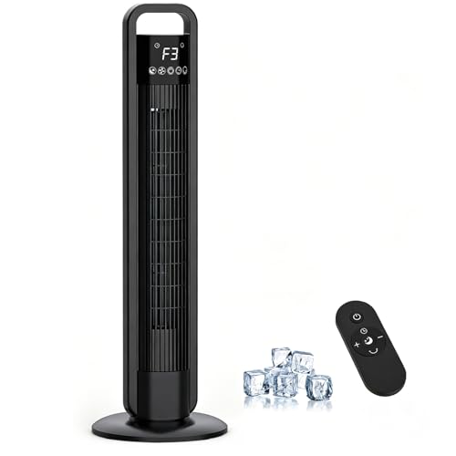 Ventilatore a Torre 91cm, Ventilatore a Piantana con 4 Velocità, Oscillazione 70°, Timer 1-12h, Telecomando 5m, Silenzioso (<60dB), LED Touch, Simula Vento Naturale – per Camera, Soggiorno, Ufficio