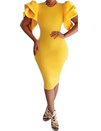 Bodycon4U vestido de fiesta al cuerpo de largo medio con bandas, cuello redondo, manga con volados, para mujer