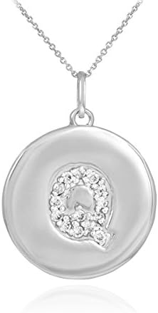 14k White Gold Letter "Q" Diamond Disc Initial Pendant Necklace (18 Inches)
