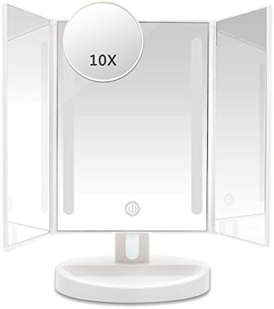 Okiss LED Lighted Makeup Mirror with 1X/10X Magnification Touch Screen 180 Degree Rotation Auto Off Dual Power Supply Dimmable Portable Compact Travel Trifold Vanity Mirror