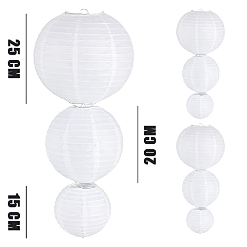 VGOODALL 15 Weiß Papierlaterne Set, 9 Weiß Papier Lampions in 3 Größen mit 6 Weiß Seidenpapier Pompoms Rund Lampenschirm für Party Garten Hochzeit Dekoration