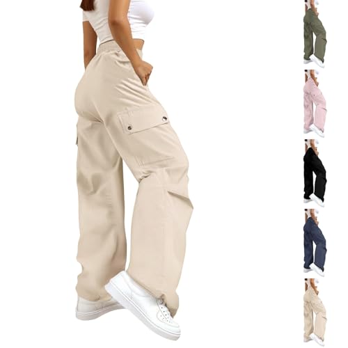 Cargo Trousers For Women Uk Elasticated Waist Cargo Pants Women Baggy Plus Size Solid Color Wide Leg Joggers With Multi Pockets Loose Comfort Combat Trousers Ladies Casual Jogging Pants Hiking Walking