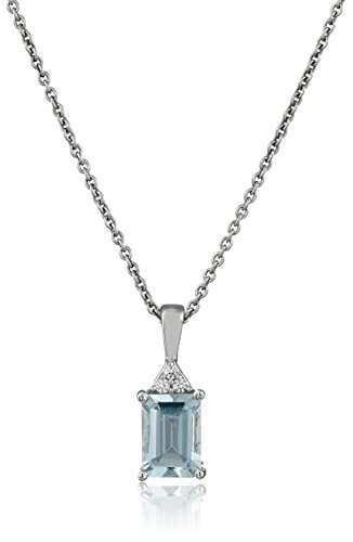 Sterling Silver  Aquamarine Emerald Cut with Created White Sapphire Pendant Necklace, 18"