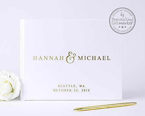 Personalized Wedding Guest Book, Custom Guestbook with Bride Groom Names with Embossed Gold Foil - Hardcover (10x8 inches)