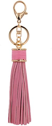 Kiwitwo Women Leather Tassels Keychain Car Circle Key Rings Handbag Wallet Accessories with Drawstring bag (Pink)