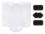 Tall Clear Plastic Canisters w Lids and Labels (3-Pack, 2.5 quart / 10 cup capacity); 10-inch High BPA-free PET Plastic 80oz Jars Great for Food & Home Storage, White Lids, Chalk Labels