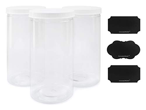 Tall Clear Plastic Canisters w Lids and Labels (3-Pack, 2.5 quart / 10 cup capacity); 10-inch High BPA-free PET Plastic 80oz Jars Great for Food & Home Storage, White Lids, Chalk Labels