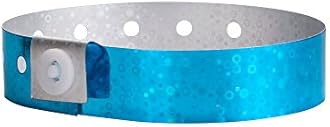 100 WristCo Blue Holographic Plastic Wristbands for Events – Extended Wear, Glowing Color Prevents Reuse – Premium-Grade Bracelets for Hospital & Medical ID, Party & VIP Identification