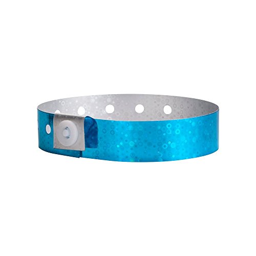 100 WristCo Blue Holographic Plastic Wristbands for Events – Extended Wear, Glowing Color Prevents Reuse – Premium-Grade Bracelets for Hospital & Medical ID, Party & VIP Identification