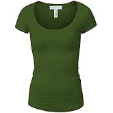 Active Basic Womens Plain Basic Deep Scoop Neck with Cap Short Sleeves - Olive - Small