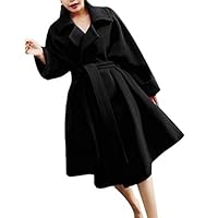 Joe Wenko Womens Open Front Autumn Winter Swing Lapel Woolen Plus Size Belt Long Jacket Coat Black XL