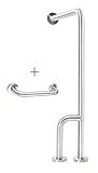 Wall-to-Floor Grab Bar + Side Leg - Stainless Steel - Concealed Mounting Flanges - Hardware Included - ADA Compliant - Free Grab Bar Included