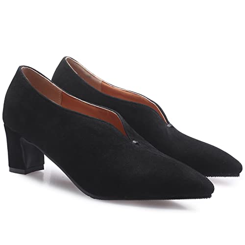 MOOMMO Women Comfortable Chunky Block Heel Pumps Shoes Pointed Toe Slip on Suede Penny Loafers Mid Heel Closed Pointy Toe Work Shoes Office Patchwork Ladies Dressy Fall Fashion Elegant 4-13 M US