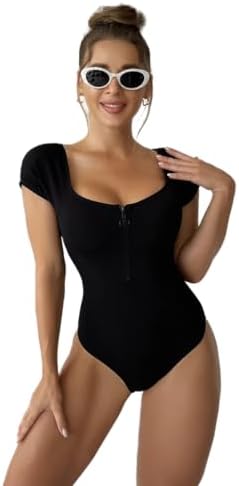 Women's U Neck Zip Front One Piece Swimsuit Cap Sleeve Knited