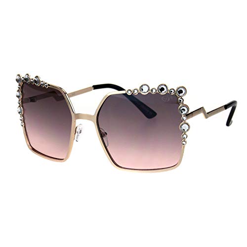 Womens Rhinestone Iced Out Rectangular Butterfly Metal Rim Sunglasses Gold Pink Smoke